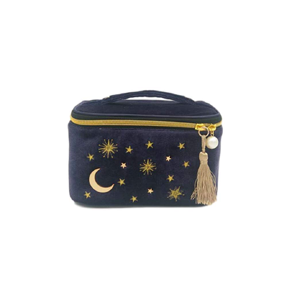 szzcxHandy cosmetic makeup bag,square Navy Velvet Embroidered Applique Moon Stars Sun Cosmetic Bag,High capacity Starry Makeup Pouch with Tassels & Pearl Zipper,Beautician Storage Bag Clutch Handbags