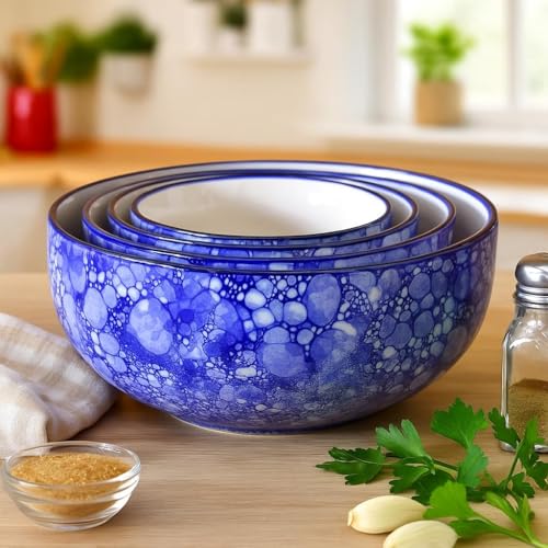 Image of Ceramic Mixing Bowl Set - 4 Pieces (1000ml, 750ml, 500ml, 300ml), Blue Luster - Durable, Microwave & Dishwasher Safe - Ideal for Mixing, Serving & Storage