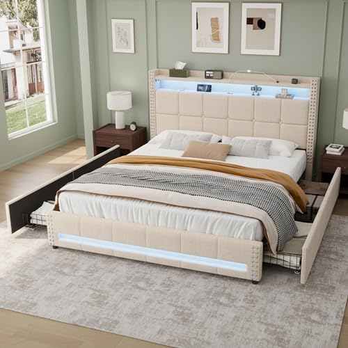 4ft6 Double Upholstered Bed Frame with 4 Drawers&LED Lighting, Multifunction Platform Bed with Charging Station&Button Tufted Storage Headboard, Linen, Wooden Slat Support, No Box Spring Needed, Beige