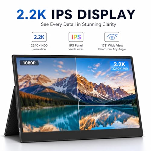 Image of 14 inch Portable Monitor 2.2K IPS External Screen, World Cup Viewing Display, Dual USB-C HDMI Monitor for Laptop, Phone, Gaming, Travel & Work
