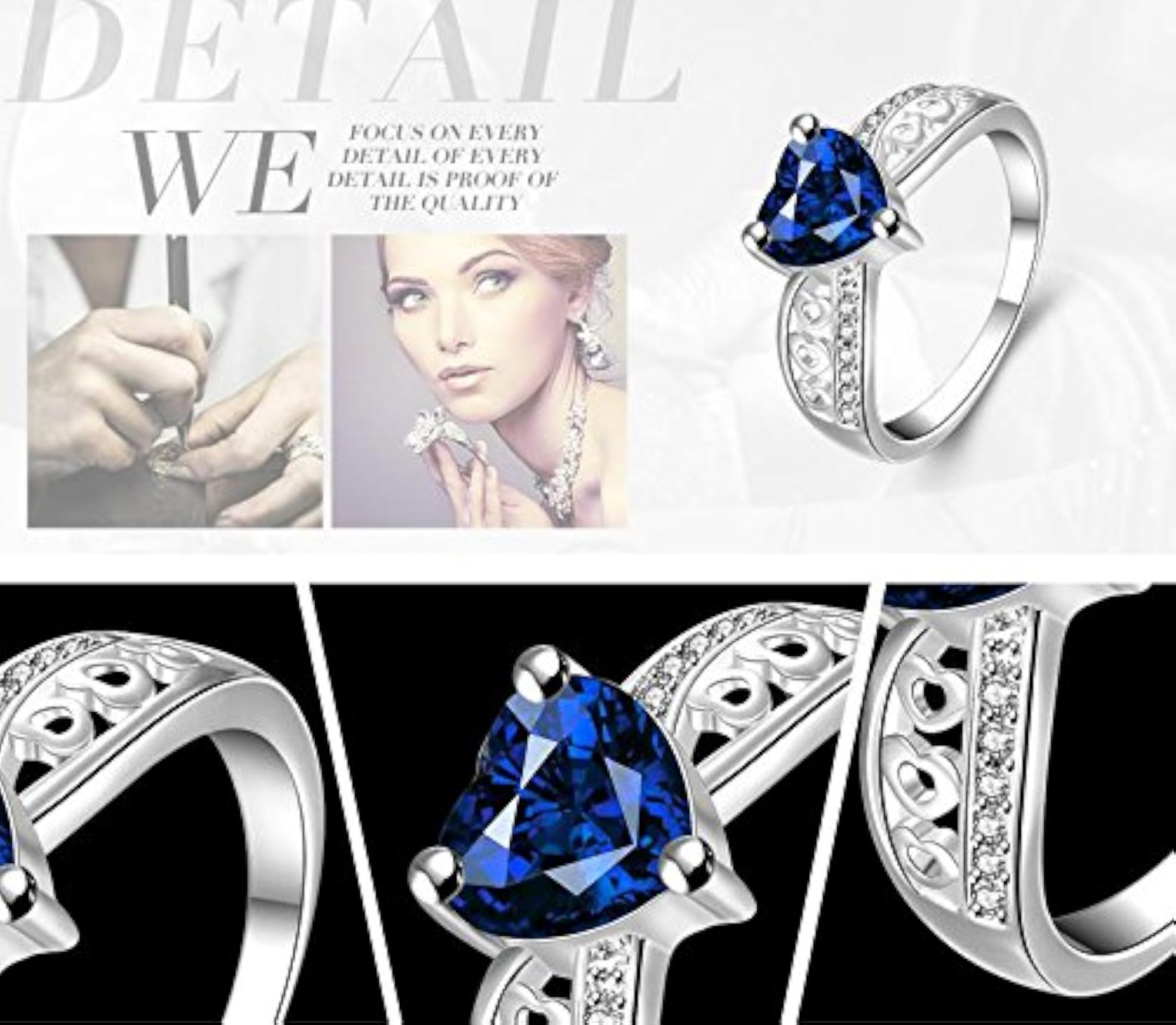 925 Silver Plated Blue Swiss Zirconia Crystal Heart Ring for Women