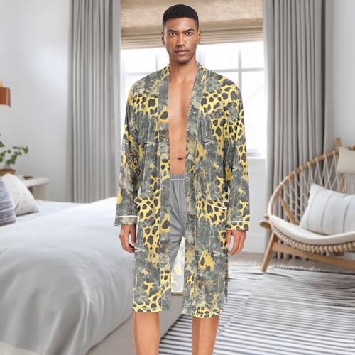 Men’s Robe Rustic Leopard Print, Long Sleeve Lightweight Bathrobe with Belt Pockets M3