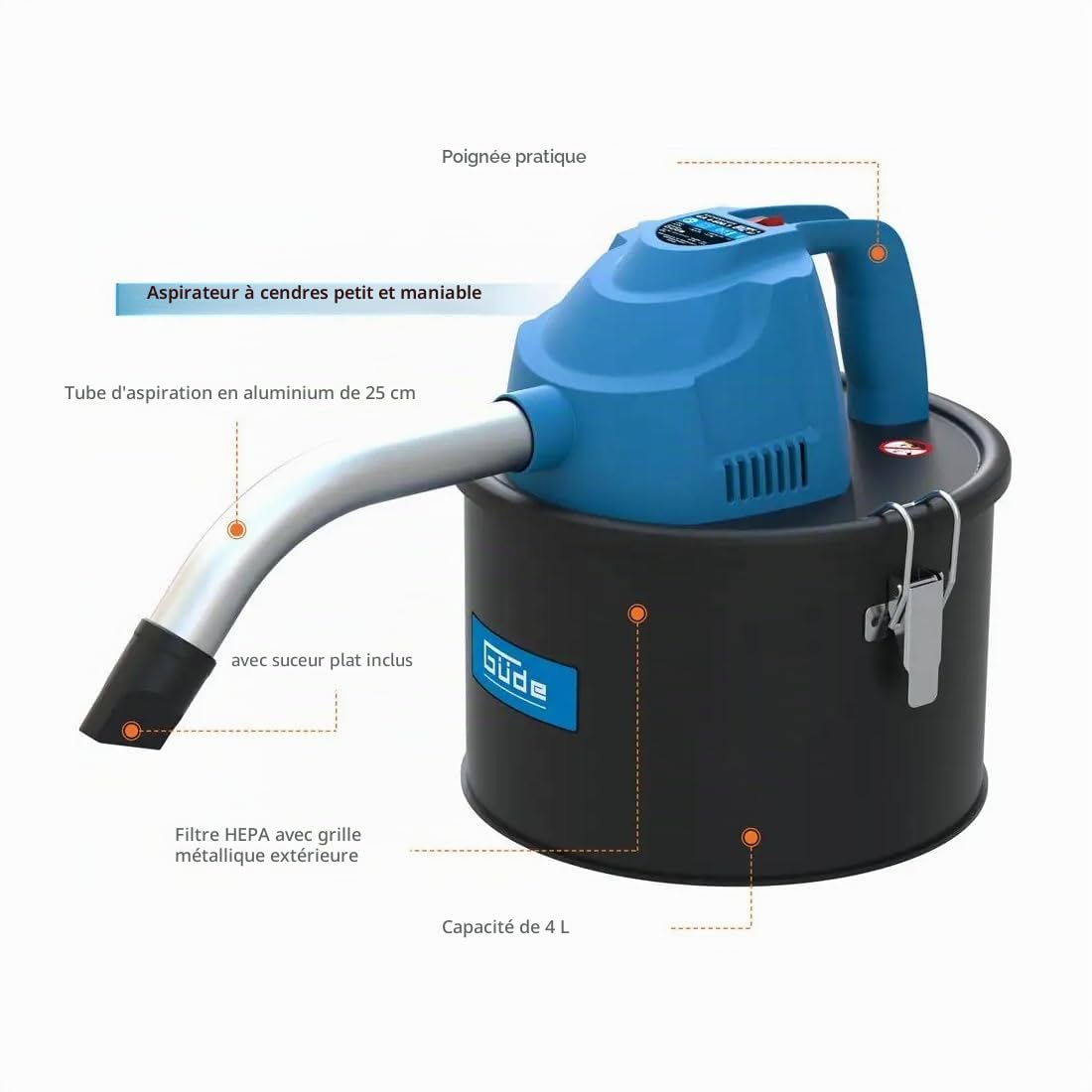 Güde Aspirateur à Cendres GA 4-600.1 17015, Aluminium, Plastique, Bleu, Noir, 600 W