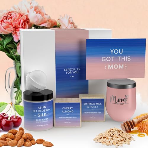 New Mom Gifts for Women - Mom Est. 2024 Spa Gifts Basket for Women w/ 12 oz Blush Tumbler - Mothers Day Gifts Self Care Kit Relaxing Gifts for New Mom after Birth - Pregnancy Gifts for First Time Moms
