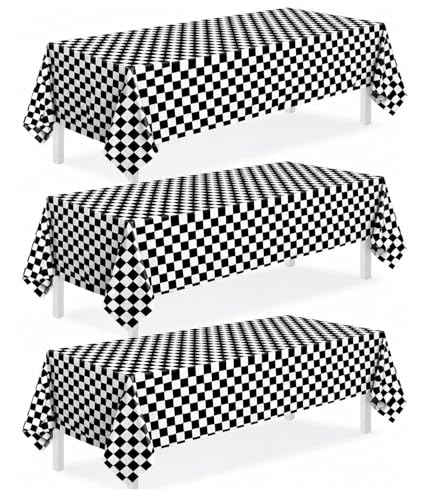 Image of Oigco 3 Pack Black and White Checkered Tablecloths Race Car Theme Tablecloths for Motor Racing Birthday Party Decorations, 54 inch x 108