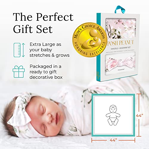 Image of Posh Peanut Swaddle Blanket & Headband Set - Viscose from Bamboo Stretchy Baby Swaddle for Newborn Girls, Receiving Blanket or Nursing Cover