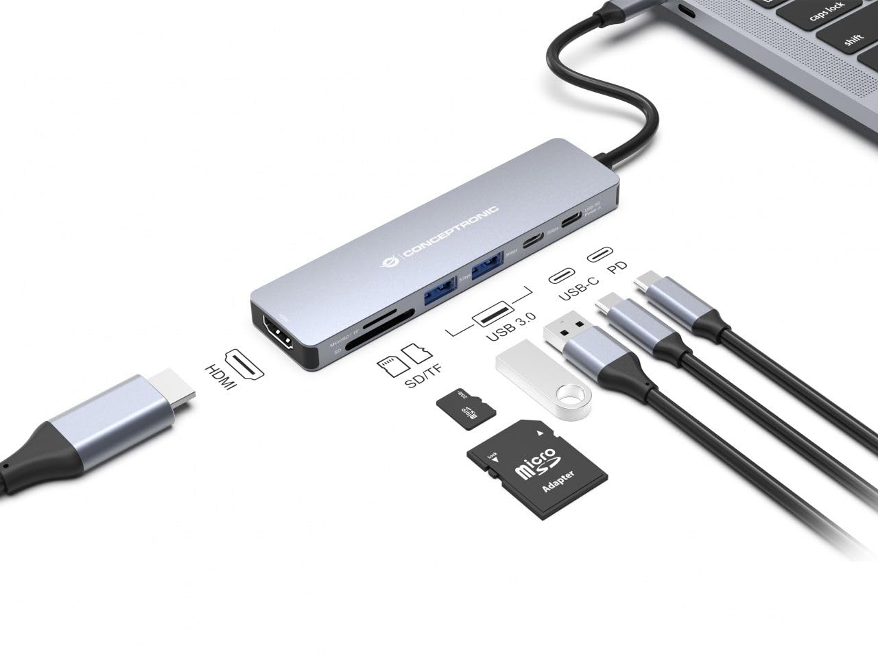 CONCEPTRONIC Docking Station USB-C->HDMI, 2xUSB-A, 2xUSB-C, SD,TF 0.25m