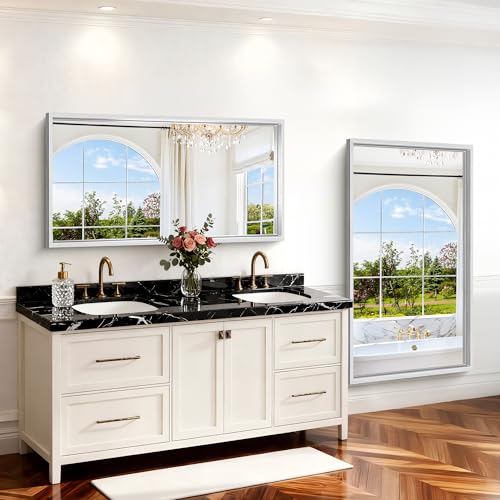 Image of 30x55 Silver Bathroom Mirror, Brushed Silver Rectangular Mirror for Wall, 0.6 inch Thickened Deep Frame Mirrors for Bathroom Sink, Shatterproof Tempered Glass, Antirust, Horizontally or Vertically