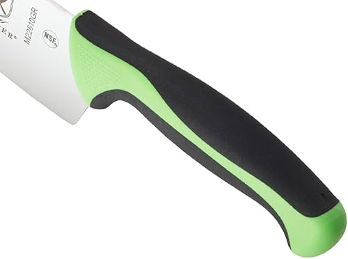 Vista 235 de Mercer Culinary Millennia Colors - Cuchillo Santoku, borde Granton de 7 pulgadas, color rojo