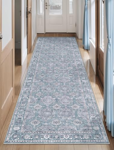 SERISSA Boho Washable Runner Rug, 2'6"x8' Non-Slip Vintage Floral Hallway Kitchen Runner Rug Ultra Soft Print Distressed Blue Grey Floor Carpet for Bedroom Bathroom Laundry Room