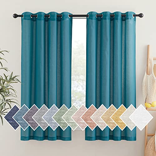 NICETOWN Linen Sheer Curtains 63 inch Length 2 Panels,Grommet Semi Sheer Drapes Privacy with Light Through Window Treatments for Bedroom/Living Room, Peacock Green, W52 x L63
