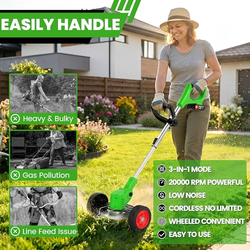 Electric Weed Wacker Battery Powered Weed Eater, 21V Cordless String Trimmer Battery Operated with Wheels & Metal Blades, Lightweight 4 in 1 Grass Trimmer/Brush Cutter/Lawn Edger/Mower for Garden Yard by ASTARNING - Image 6