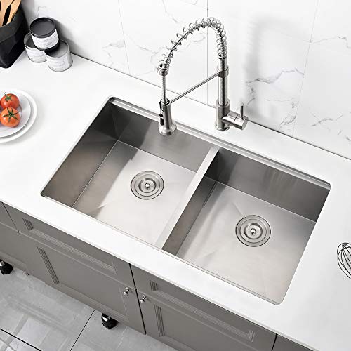 Bokaiya 33 Inch Double Bowl Undermount Kitchen Sink Workstation-Bokaiya 33X19 Undermount Workstation Sink Double Bowl Basin 16 Gauge Stainless Steel Deep 50/50 Low Divide Kitchen Sink With Accessories thumb #1