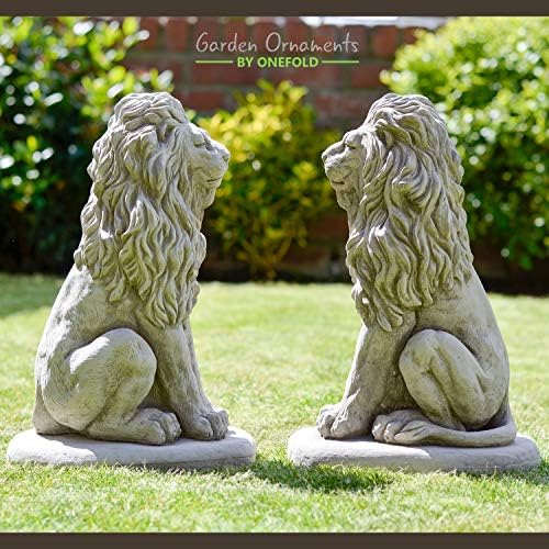 ONEFOLD - LION PAIR / DETAILED LIONS HAND CAST STONE GARDEN ORNAMENT / SINGH STATUE / SCULPTURE / OUTDOOR DECOR / ENTRANCE PILLAR CAPS / STABLE AND HEAVY 15 KG EACH