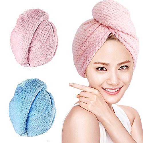 O-Kinee Asciugamano Capelli a Turbante, Capelli Asciutti 2pcs Asciugamani in Microfibra Asciugacapelli Rapid (Rosa + Blu)