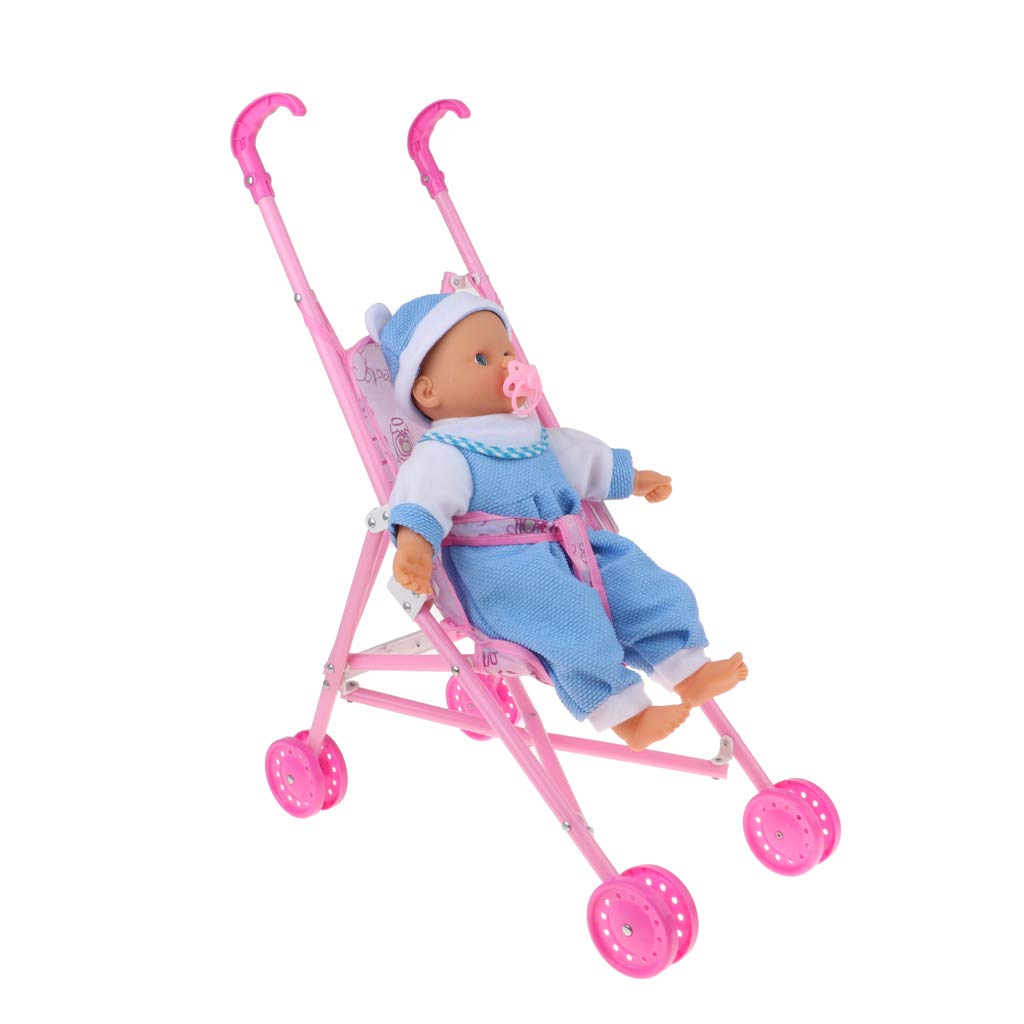 Fityle Mini Pushchair Stroller Foldable Baby Doll Trolley with Swivel Wheels & Newborn Baby Doll Playsets for Baby Doll Supplies Accessory
