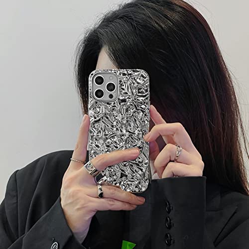 Yebowe For Iphone 13 Pro Max Case, Silver Tin Foil Pleated Phone Cover For Women Girls Cute Bling Luxury Designer Electroplated 3D Soft Tpu Case For Iphone 13 Pro Max #TOP5