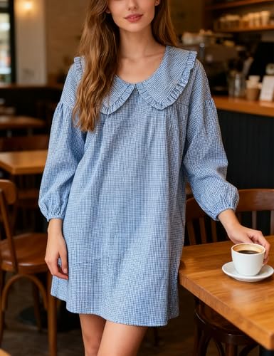 Image of Ynhonra Women's Gingham Mini Dress 3 /4 Puff Sleeve Babydoll Doll Collar