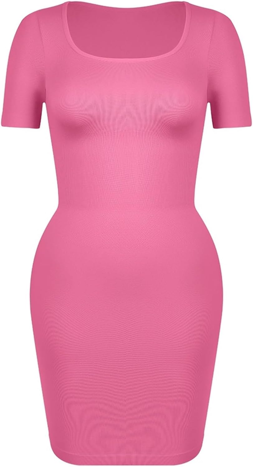 Short Seleeve Shapewear Slip For Women Under Dress Full Slips Tummy Control Camisole Body Shaper Seamless(Pink,L)