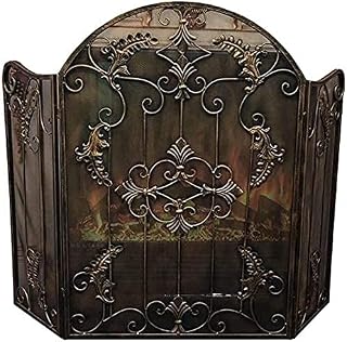 Spark Protection 3 Panel Fireplace Screen Scrollwork Fire Place Doors, Large Classic Spark Guard for Open Fire/Gas Fires/Log Wood Burner, Vintage Gold Decoration