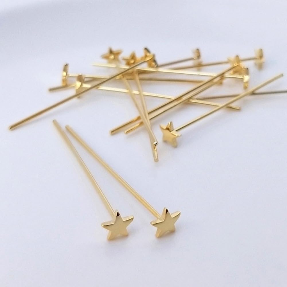 GOMAKERER 50 Pcs 5 Styles Real 18K Gold Plated Ball Head Pins, Brass Butterfly Flat Head Wire Needle Headpins 20 Gauge Heart Star Satin Pins Jewelry Making Accessories for Craft DIY Handmade