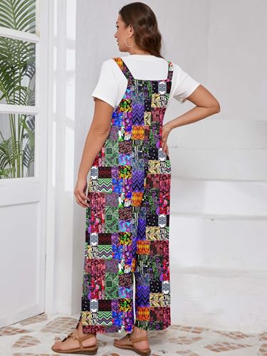AusLook Plus Size Women's Adjustable Straps Jumpsuits Colorful Patchwork 2X Casual Loose Wide Leg Overalls with Pockets — view 2
