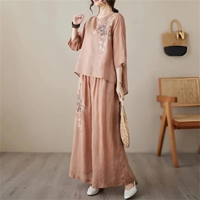Women Linen Embroidered Pullover Two Piece Set Wide Leg Pants Casual Outfit