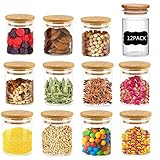 Glass Jars with Bamboo Lids, 177ml /6oz Mini Clear Glass Airtight Spice Jars,12 PCS Small Food Storage Containers for Home Kitchen, Tea, Herbs, Sugar, Salt, Coffee, Flour, Herbs, Grains
