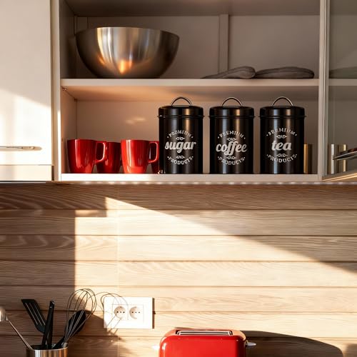 Dxlac 3 Piece Food Jars Canisters Sets, Airtight Coffee Container, Tea Organizer, And Sugar Canister, Rustic Farmhouse Decor for Kitchen Countertop (Black)