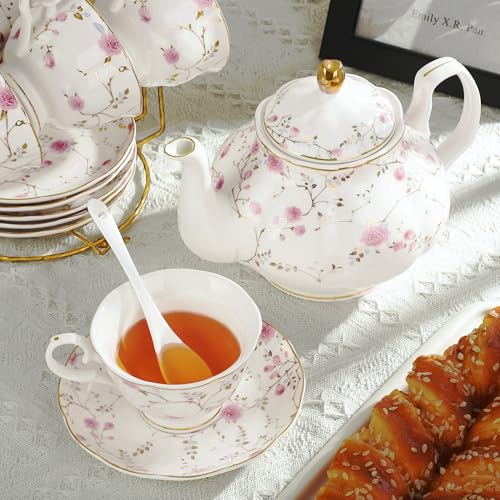 Juego de té de porcelana británica de 21 piezas con flores rosas para 6 personas de fanquare 3