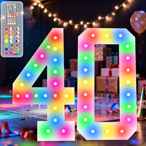 4FT Marquee Light Up Numbers, 34 Colors Changing Marquee Numbers with Remote,Water Bag, 4FT Light Up Numbers for 40th Birthday Party Decorations Backdrop Anniversary Decor, Large Number 40
