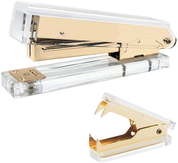 Office Stapler Staples Remover Set, Clear Acrylic Dark Gold Tone Desk Executive Manual Staplers and Staple Remover Tool for Desktop Accessories Supplies