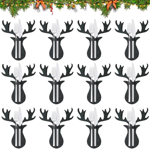 FMKLDENA Bolsa Cubiertos Navidad, 12 Piezas Soporte para Cubiertos de Fieltro navideño, Reutilizable Soporte de Cubiertos de Navidad, para Tenedores y Cucharas Decoración de Mesa Navideña (C)