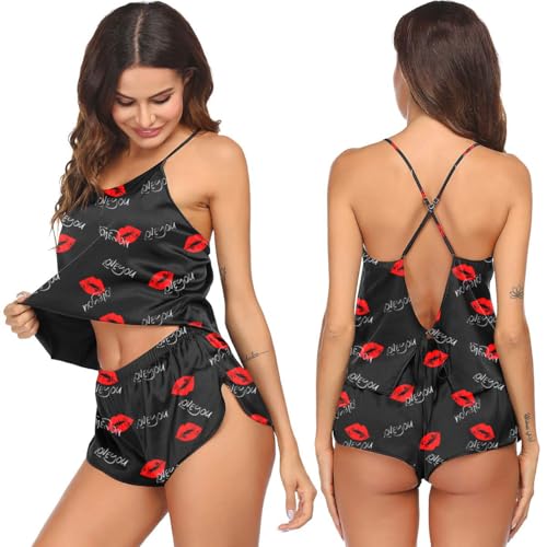 Image of Ekouaer Silk Pajamas Set for Women Satin Backless Lingerie Pjs Cami Top and Shorts Nightwear