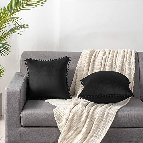 Dezene Decorative Pillow Covers 16X16 Black: 2 Pack Cozy Soft Pom-Poms Velvet Square Throw Pillow Cases For Farmhouse Home Decor #TOP1