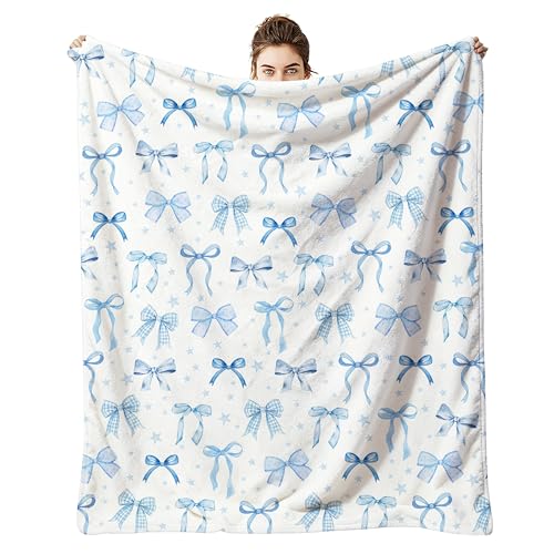 uimchwp 50x60 Inch Blue Bow Flannel Blanket, Lightweight Warm Throw Blanket for Couch Chair Bed, Coquette Girly Decor Gifts for Home