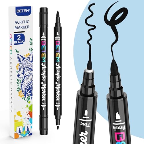 Betem Dual Tip Acrylic Paint Pens 2 Black Paint Markers for Glass Window Fabric Wood Rock Canvas Acrylic Markers with Fine & Brush Tip Art & Craft Supplies Teacher Appreciation Gift