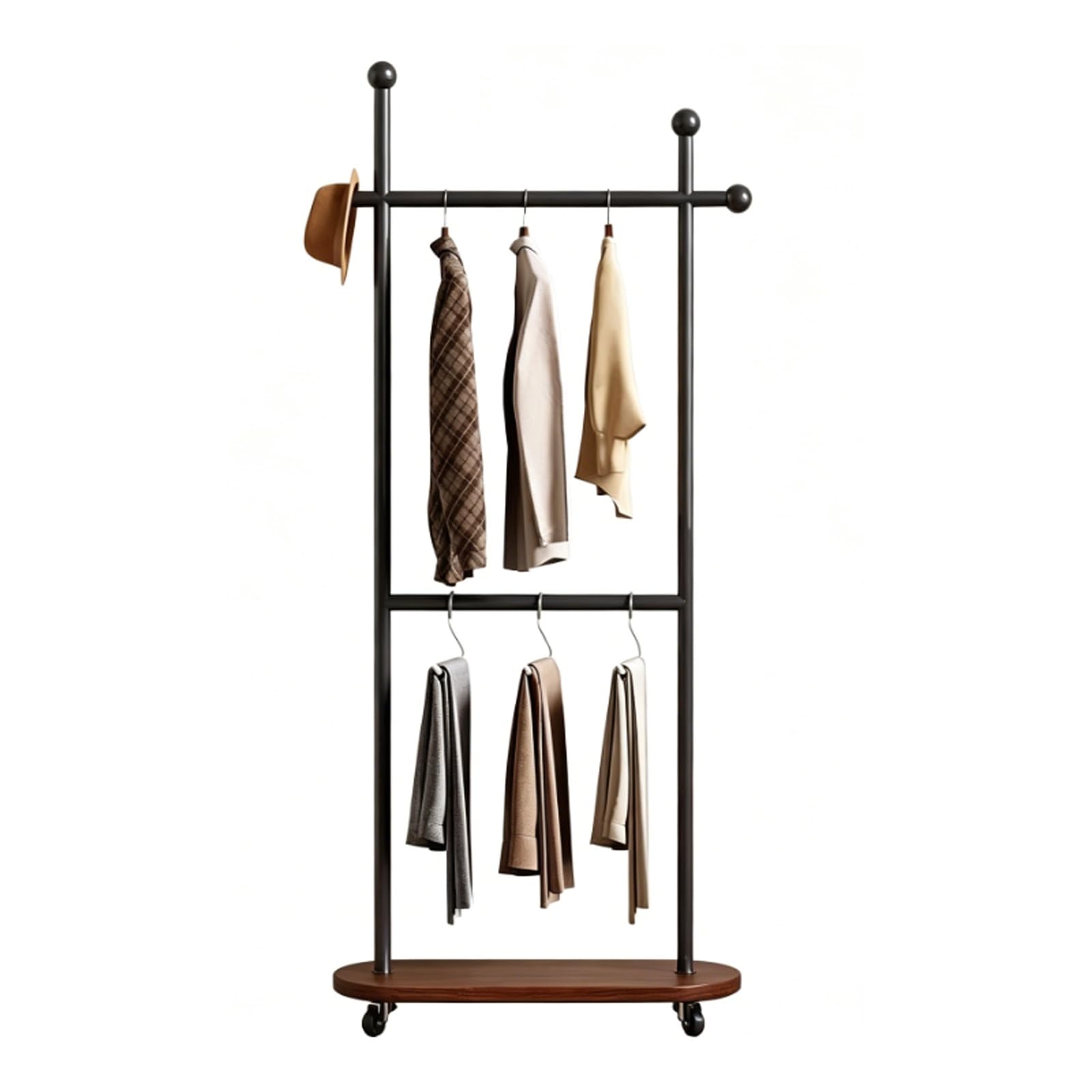 YAOHY Coat Rack Freestanding Clothing Rack with Wheels, Double-pole Clothing Racks with Storage Shelves for Corner Bedroom Hallway Entryway Living Room Hotel(Black,31.4in/80cm,Style1)
