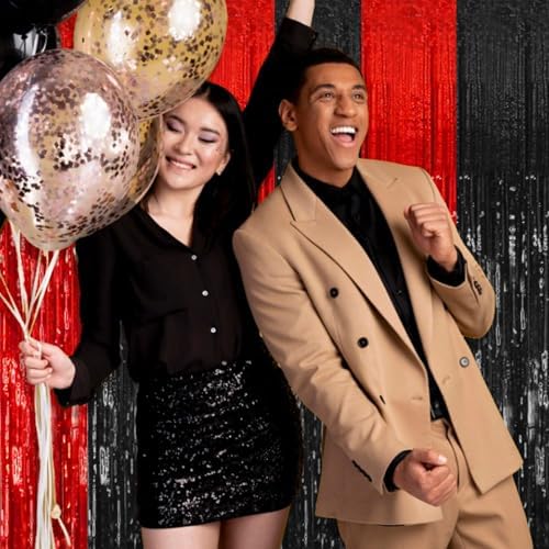 2 Pack Black and Red Party Backdrop Streamers Decorations Foil Fringe Curtains Metallic Tinsel Backdrop for Birthday Halloween Christmas New Year Fancy Ball Graduation Party Decor - 5