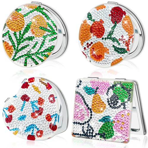FILASLFT Diamond Art Mirror,Makeup Mirror,DIY Diamond Painting Compact Mirror,Pocket Mirror Portable Foldable Mirror 4 Pcs Christmas Birthday Gifts for Women Girls(Fruit)