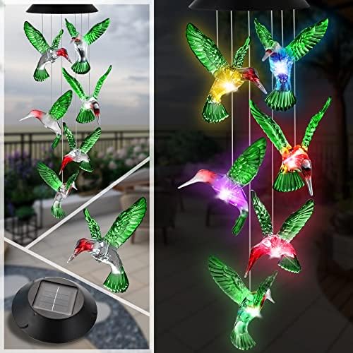 Ousenone Hummingbird Wind Chimes Outside Color Changing Solar Wind Chimes Light Hummingbird Garden Gifts for mom Grandma Birthday Gifts for Women Unique Yard Decor (Green)