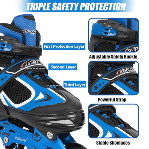 Image of Nattork Blade Roller for Boys Adjustable Inline Skates with Light Up Wheel for Kids Youth Childrens Outdoor & Indoor Ages 6-12 6 7 8 9 Beginners Blue
