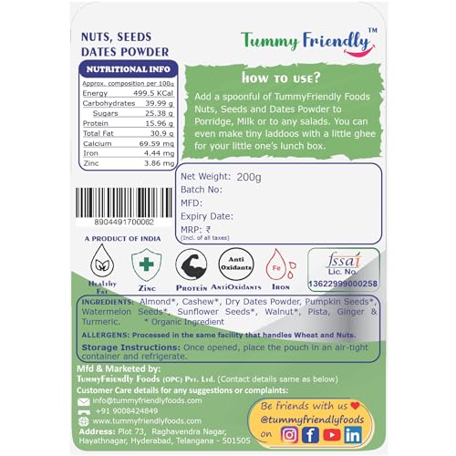 Image of TummyFriendly Foods Premium Nuts, Seeds and Dates Powder | Dry Fruit Powder For Baby Kids | Dry Nuts For Babies Kids and Adults | No Hidden Sugar | No Preservatives | 200g