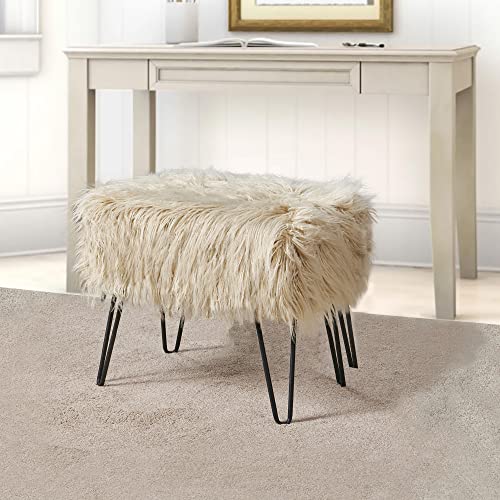 Warmaxx Beige Plush Faux Fur Ottoman 19.5"x12.5"x17"H Entryway Bench Comfy Fluffy Shaggy Makeup Stools with Metal Leg Foot Rest Cream Foot Stool Bedroom End of Bed Living Room Couch Vanity Home Decor