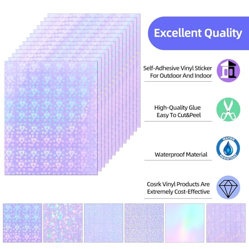 image for Cosrk 36 Sheets Holographic Sticker Paper, Clear Vinyl Lamination Stic
