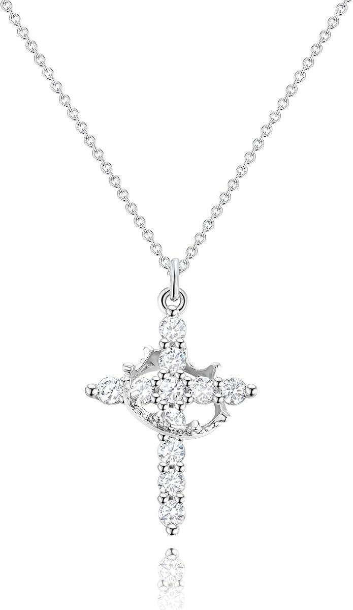 Robaice Collar con cruz de corona mejorado para mujer, chapado en oro de 14 quilates | Colgante de fe cristiana delicado que no se deslustra para regalar, primera comunión, bautismo, cumpleaños y uso diario