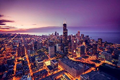 Chicago Illinois Skyline at Sunset Aerial View Willis Tower City Photo Beach Palm Landscape Picture Ocean Scenic Scenery Nature Photography Paradise Cool Wall Decor Art Print Poster 36x24