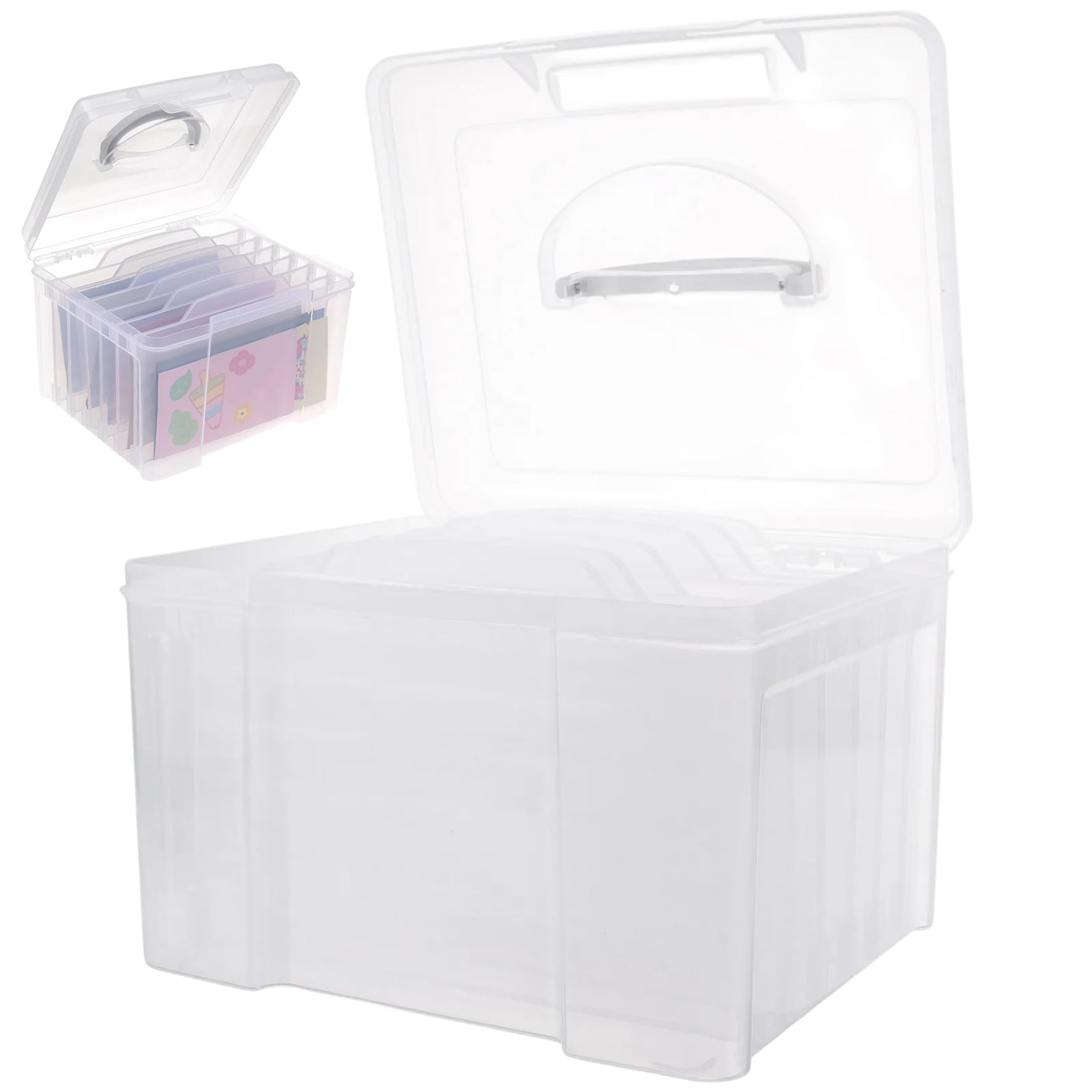 Bemonew Greeting Card Organizer Box with Dividers, Clear Plastic Storage Box with Adjustable Compartments for Photos, Postcards, and Stationery