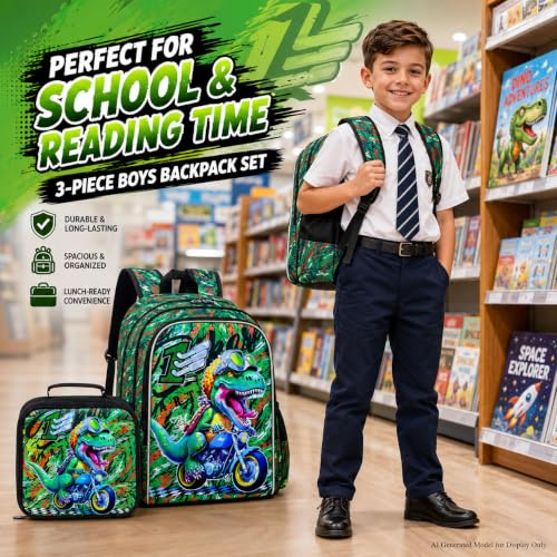 Image of UFNDC 3PCS Boys Backpack,16 inchKids Dinosaur Bookbag with Lunch Box, School Bag for Elementary Toddler