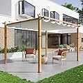 Klysiora 10x13ft Woodgrain Aluminium Pergola Upgraded Retractable Outdoor Pergola with Canopy Modern Gazebo for Backyard, Patio, Porch, Grape Trellis - Beige Curtains